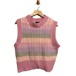 Y2K Sweater Vest Womens L Pastel Rainbow Pink Stripe Kawaii Preppy Academia